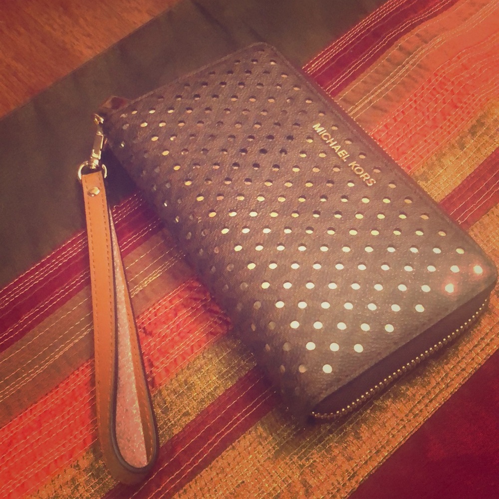 Michael Kors brown & gold wristlet wallet